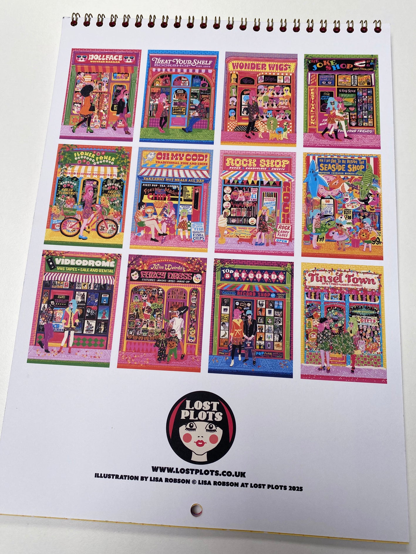 2026 Illustrated Wall Calendar - Retro Shopfronts 2026 Year Planner - 12 Month Hanging Calendar