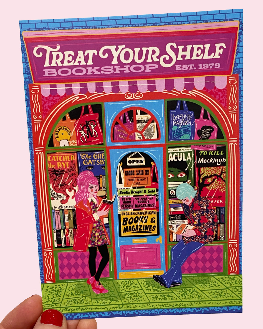 Book Shop Front Art Postcard - Treat Your Shelf Postcard - Bookworm - Reading Postcard - Book Store Postcard