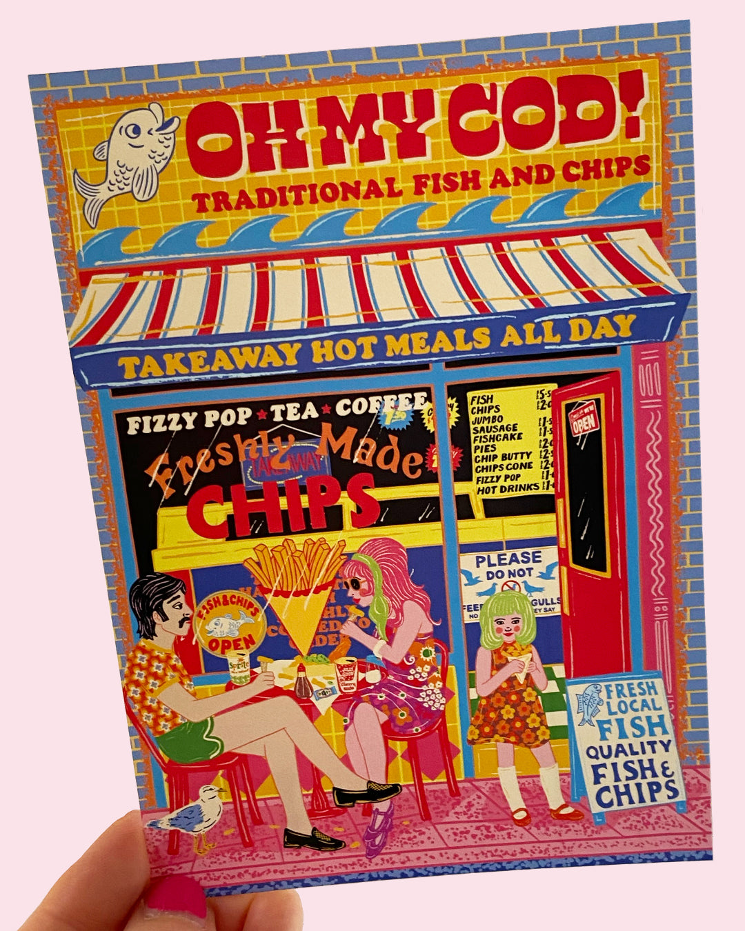 Fish and Chip Shop Art Postcard - Café Postcard - Kitchen Art Postcard - Seaside Postcard