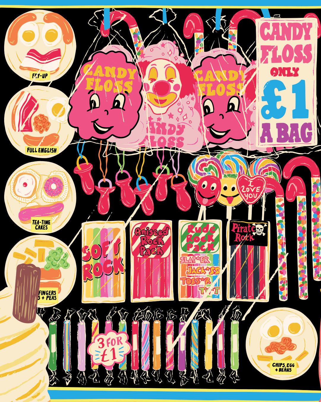 Candy Rock Seaside Print - Retro Seaside Rock Shop illustrated Poster - Birthday - Christmas - Stocking Filler