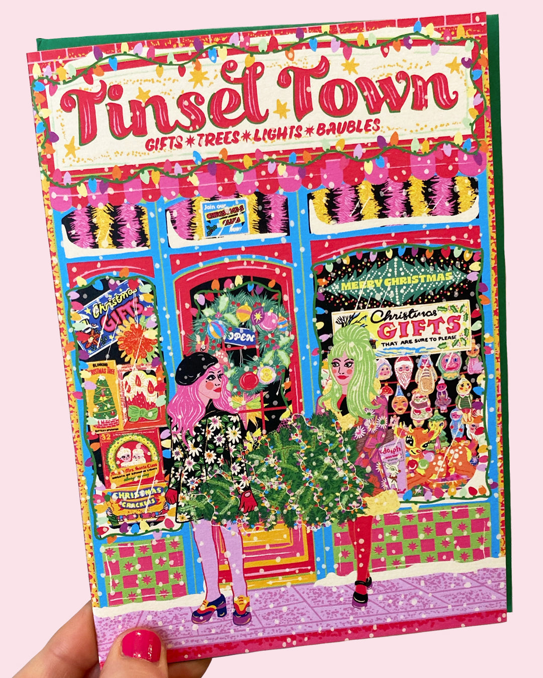 Tinsel Town Christmas Greeting Card - Retro Christmas Shop Greeting Card
