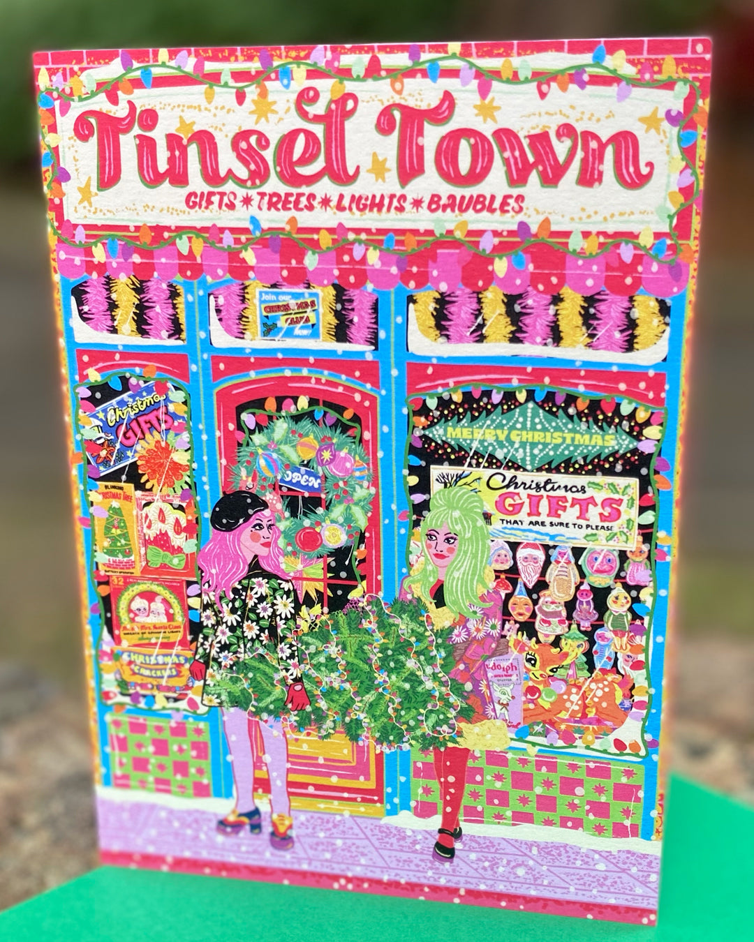 Tinsel Town Christmas Greeting Card - Retro Christmas Shop Greeting Card