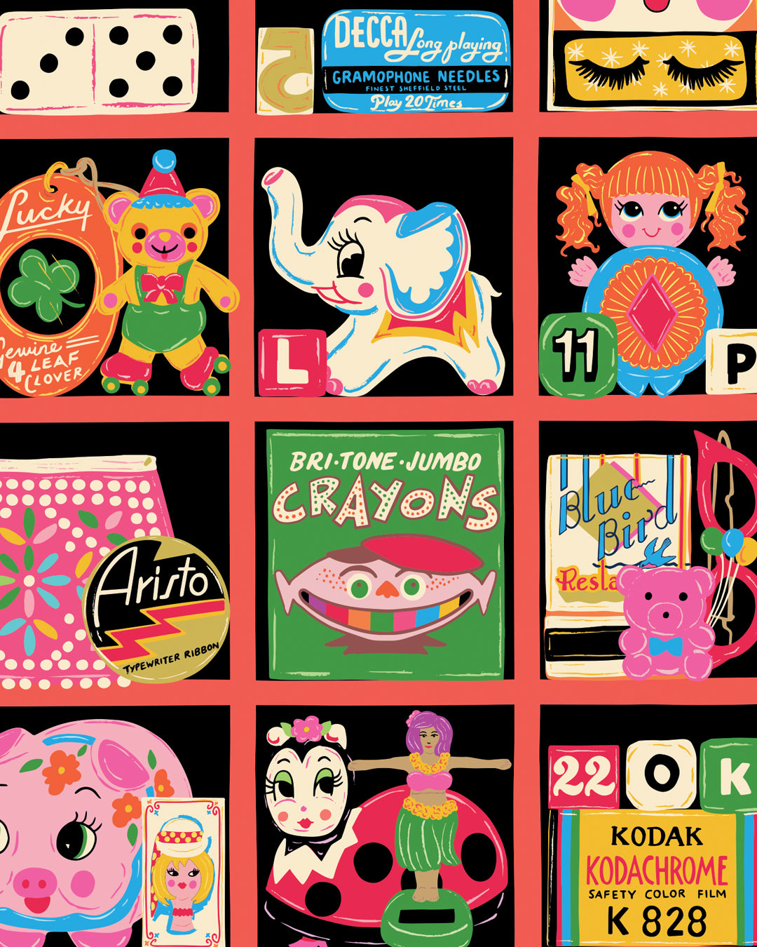 Trinkets Letter Press Print Tray Shelf Art Print - Tchotchkes Poster - Knick Knack Vintage Lucky Charms Collection Print