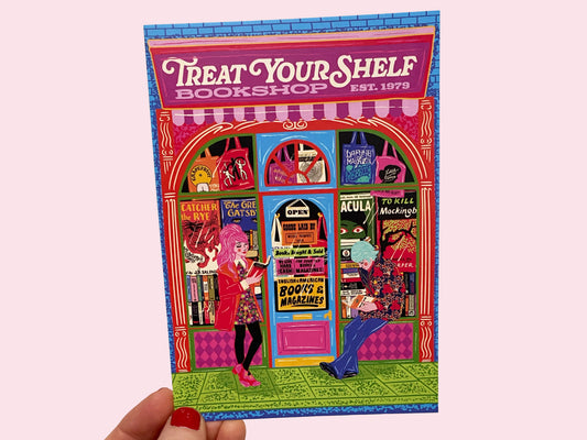 Book Shop Front Art Postcard - Treat Your Shelf Postcard - Bookworm - Reading Postcard - Book Store Postcard