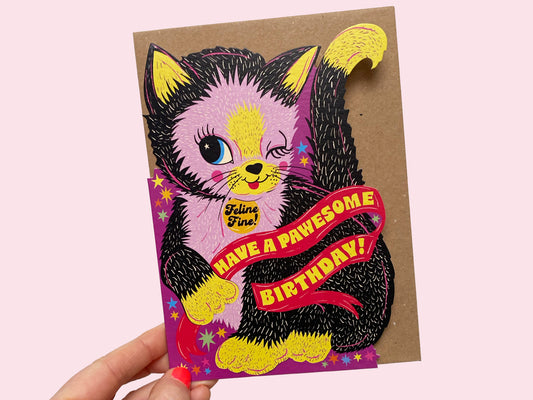 Pawesome Birthday - Cat Kitten Die-Cut Birthday Greeting Card