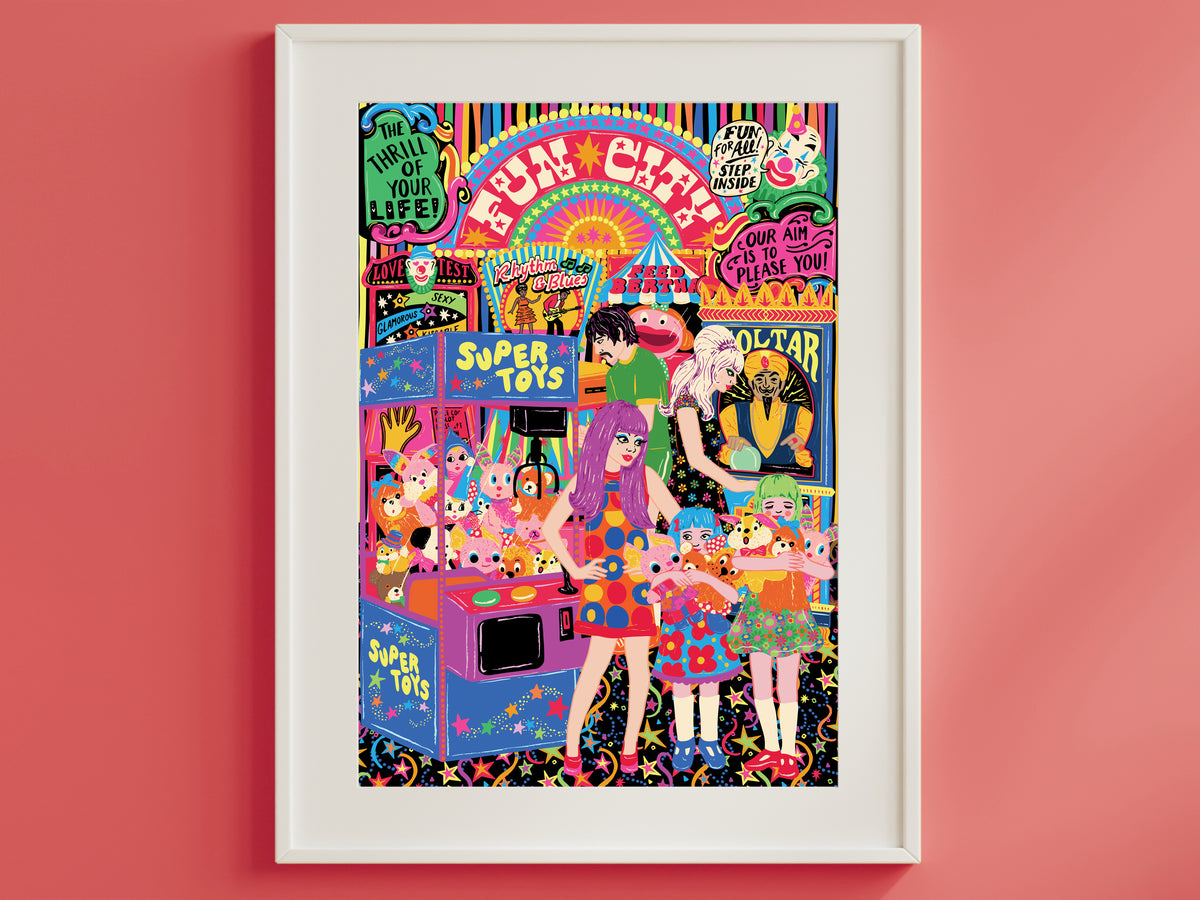 Fun Fair Arcades Seaside Print - Retro Seaside Fairground Amusement Arcade illustrated Poster