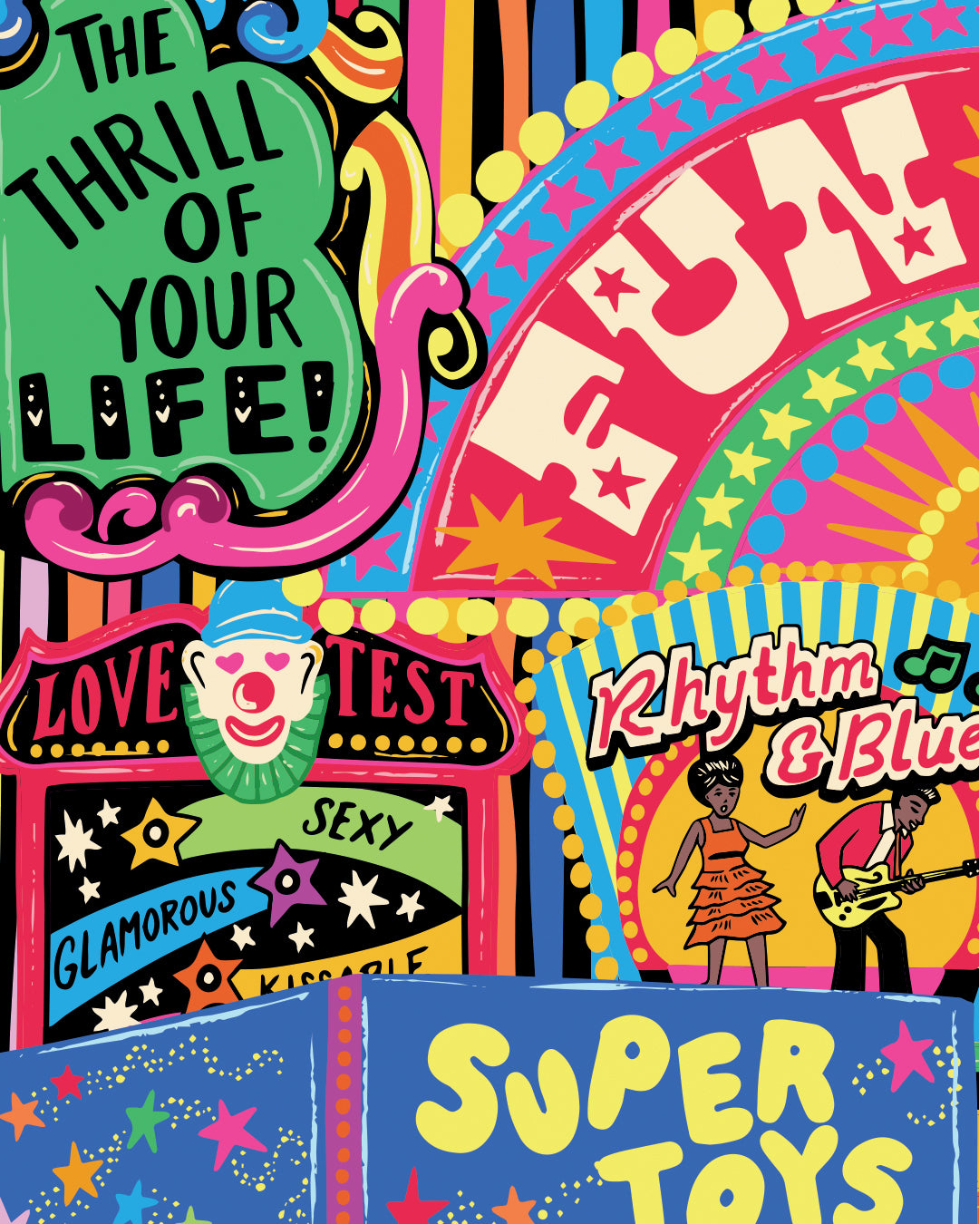 Fun Fair Arcades Seaside Print - Retro Seaside Fairground Amusement Arcade illustrated Poster