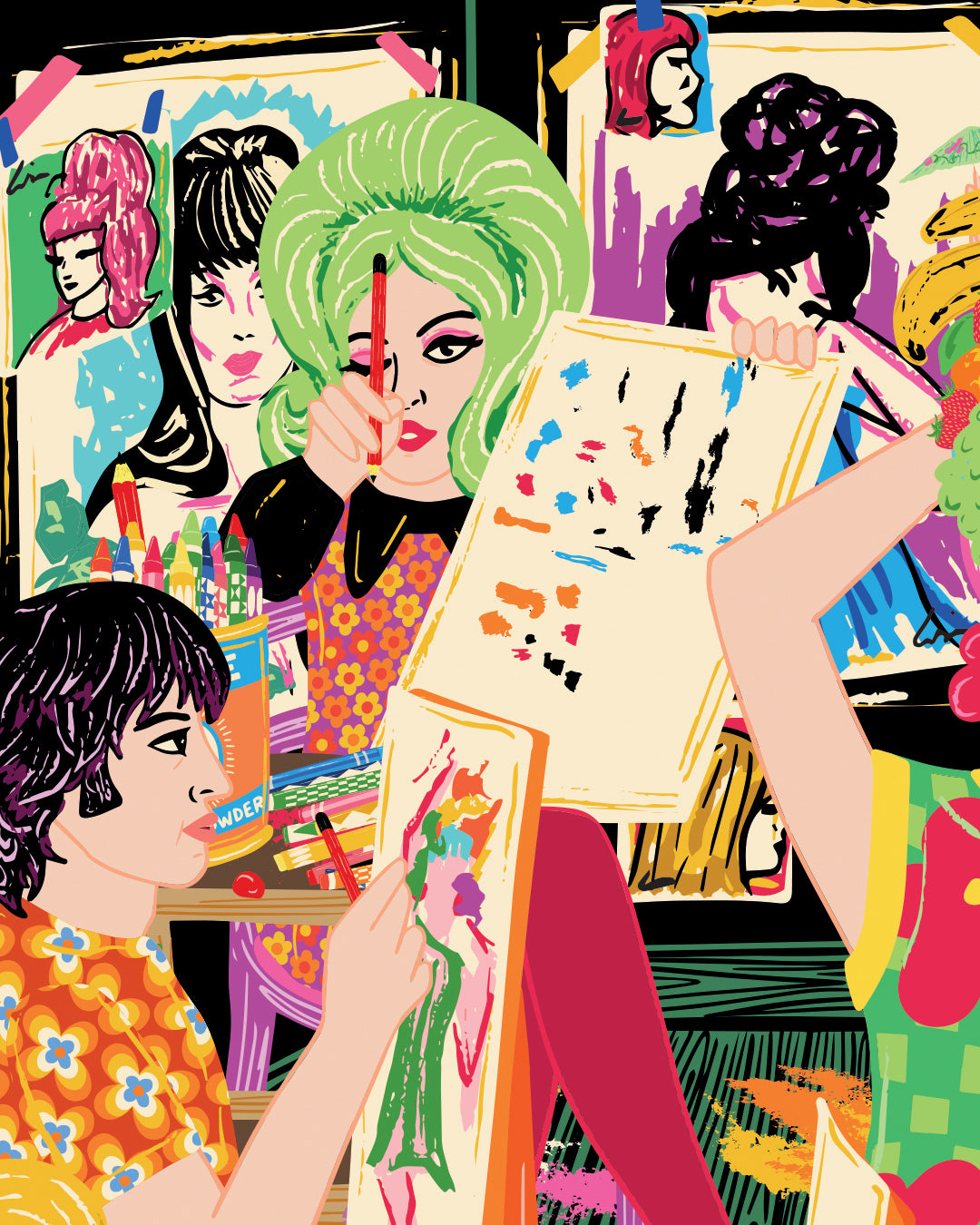 Retro Art Class Print - Artist Paintings Drawing Class Illustrated Poster