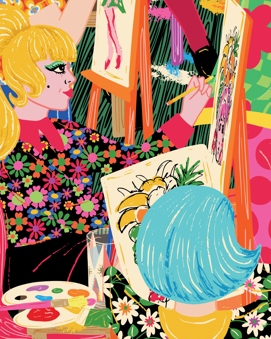 Retro Art Class Print - Artist Paintings Drawing Class Illustrated Poster