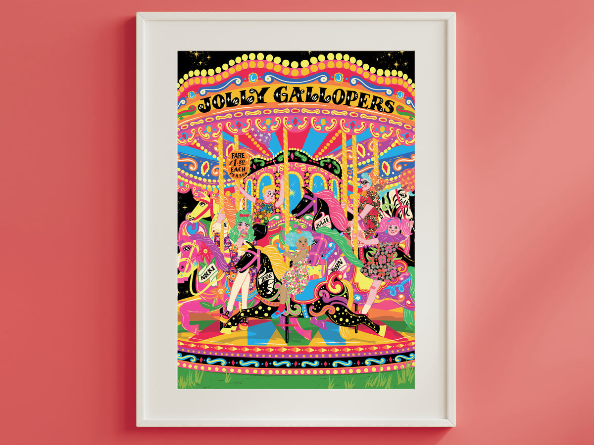 Fairground Carousel Seaside Print - Retro Seaside Carnival Merry-Go-Round illustrated Poster
