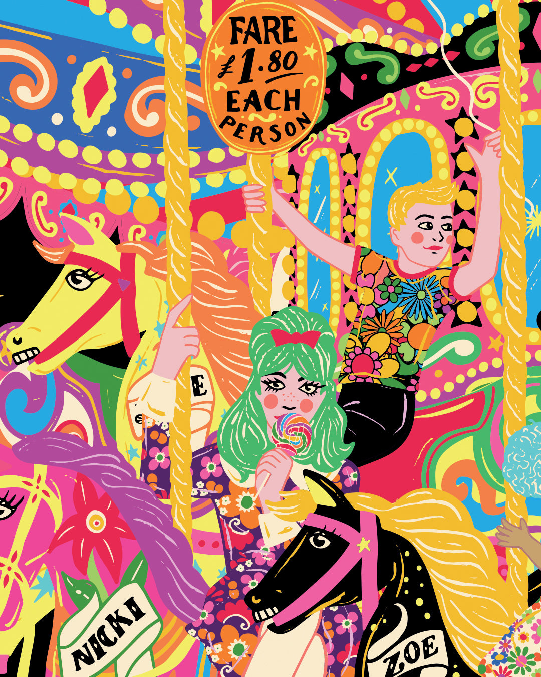 Fairground Carousel Seaside Print - Retro Seaside Carnival Merry-Go-Round illustrated Poster