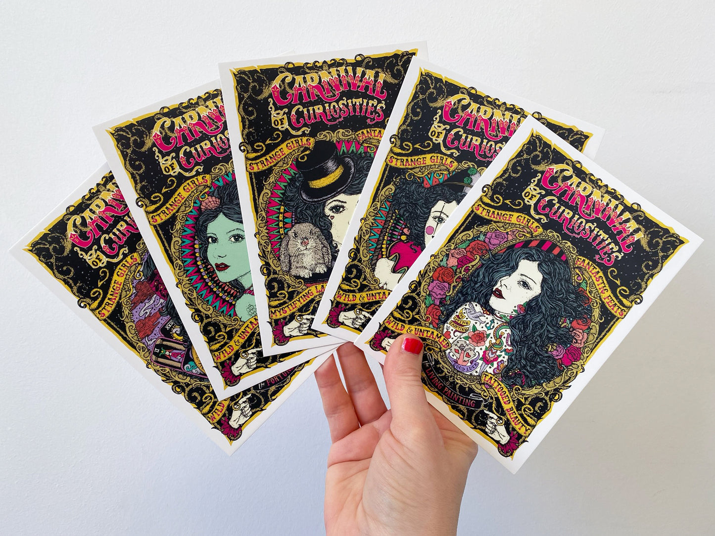 Circus Girls Postcards - Pack Of Five - Magician - Mermaid - Clown - Living Painting - Fortune Teller