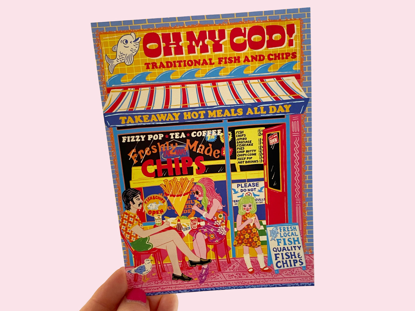 Fish and Chip Shop Art Postcard - Café Postcard - Kitchen Art Postcard - Seaside Postcard