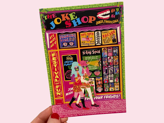 Retro Joke Shop Front Postcard - Vintage Joke Shop Postcard - Prank Gags Postcard - Seaside Shop