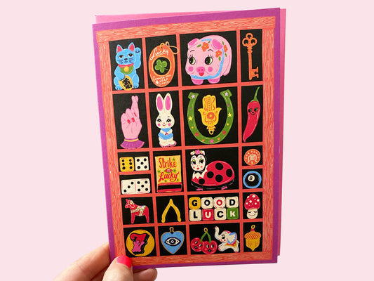Good Luck Card- Trinkets Letter Press Print Tray Greeting Card - Tchotchkes Lucky Card