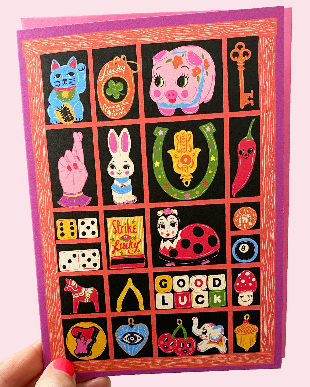 Good Luck Card- Trinkets Letter Press Print Tray Greeting Card - Tchotchkes Lucky Card