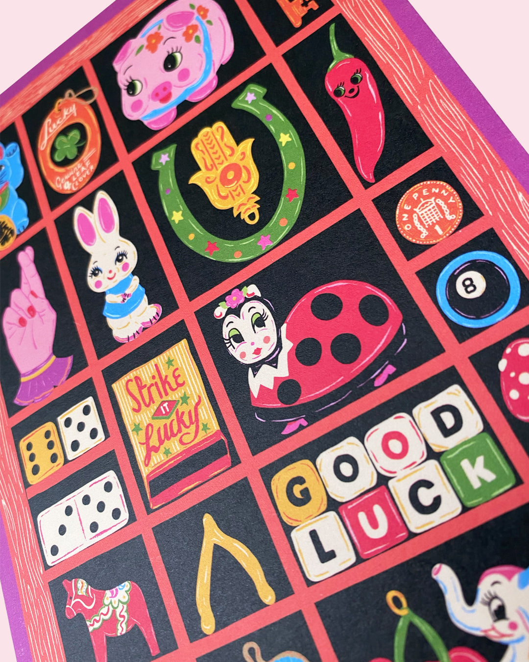 Good Luck Card- Trinkets Letter Press Print Tray Greeting Card - Tchotchkes Lucky Card