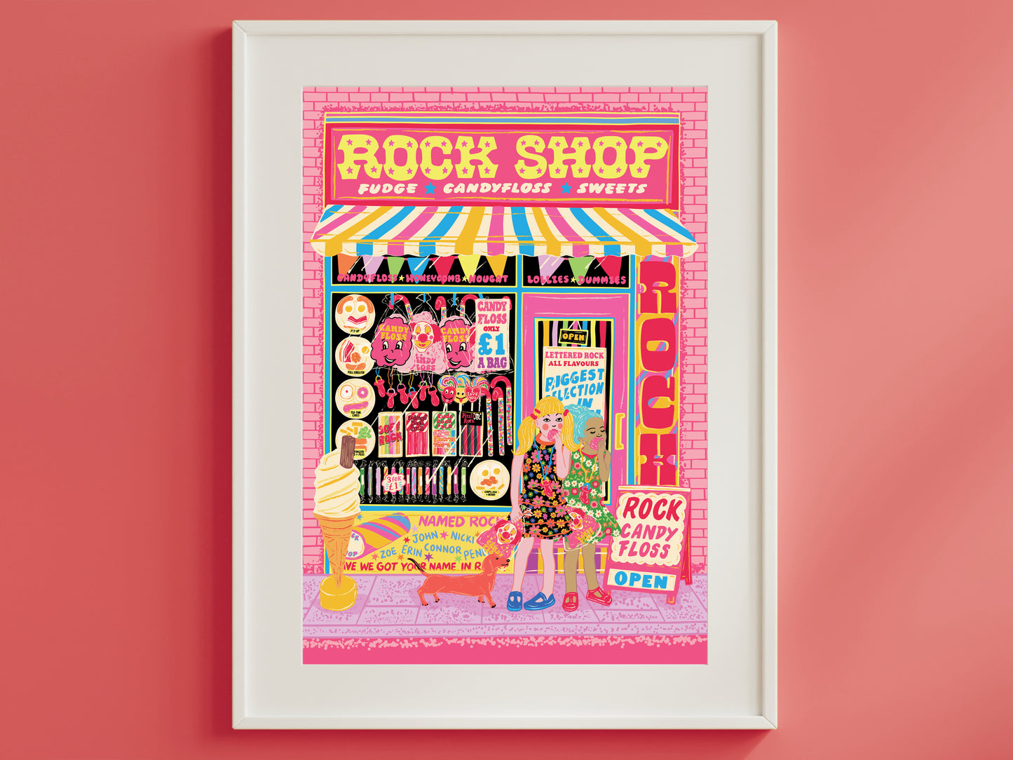 Candy Rock Seaside Print - Retro Seaside Rock Shop illustrated Poster - Birthday - Christmas - Stocking Filler
