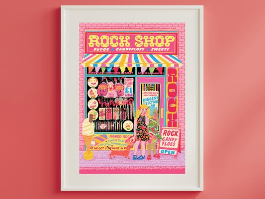 Candy Rock Seaside Print - Retro Seaside Rock Shop illustrated Poster - Birthday - Christmas - Stocking Filler