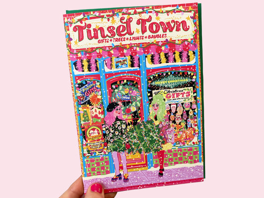 Tinsel Town Christmas Greeting Card - Retro Christmas Shop Greeting Card