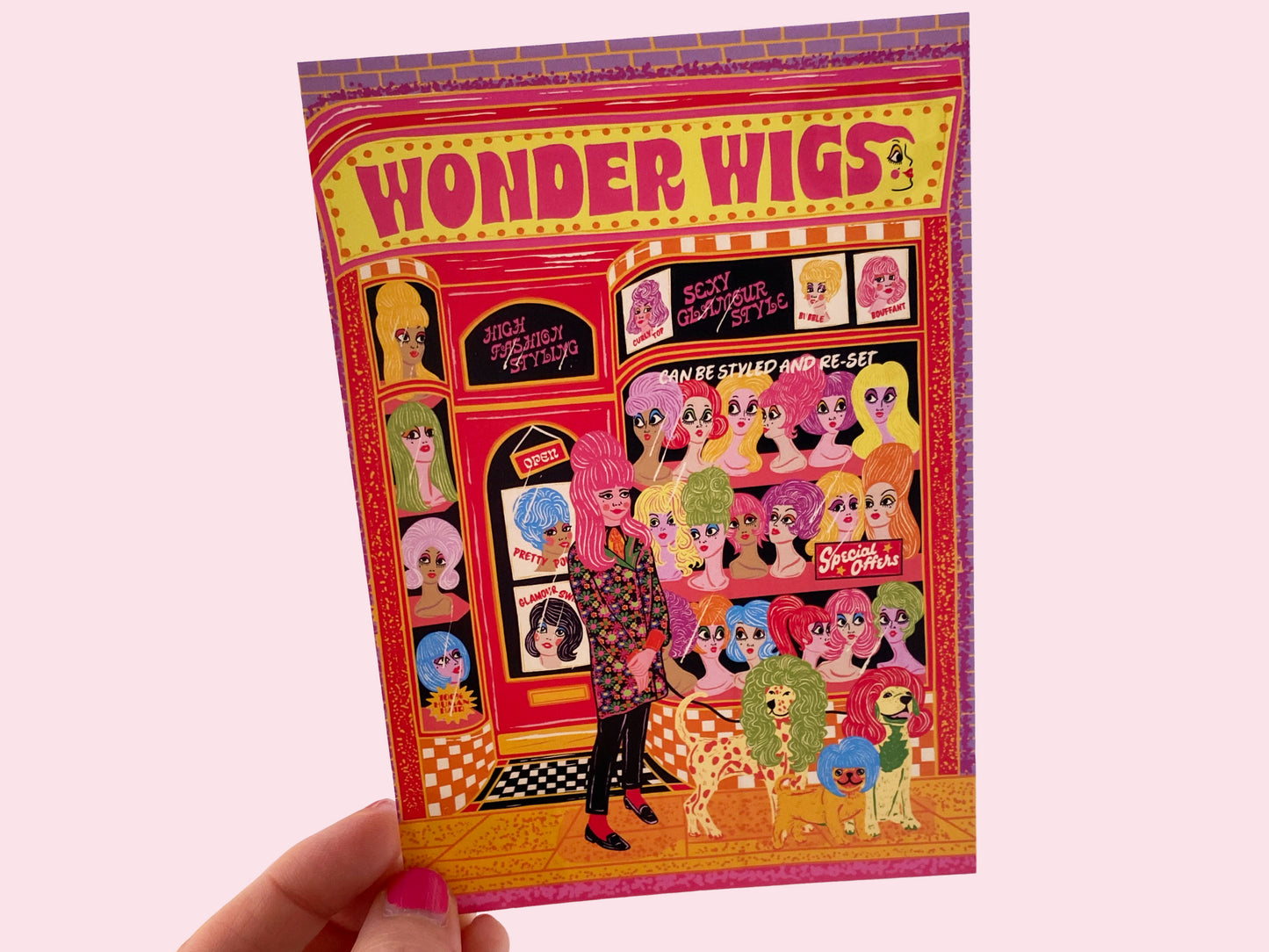 Wonder Wigs Postcard - Retro Wig Shop Postcard - Vintage Shop Postcard
