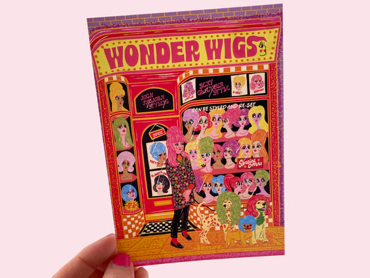 Wonder Wigs Postcard - Retro Wig Shop Postcard - Vintage Shop Postcard