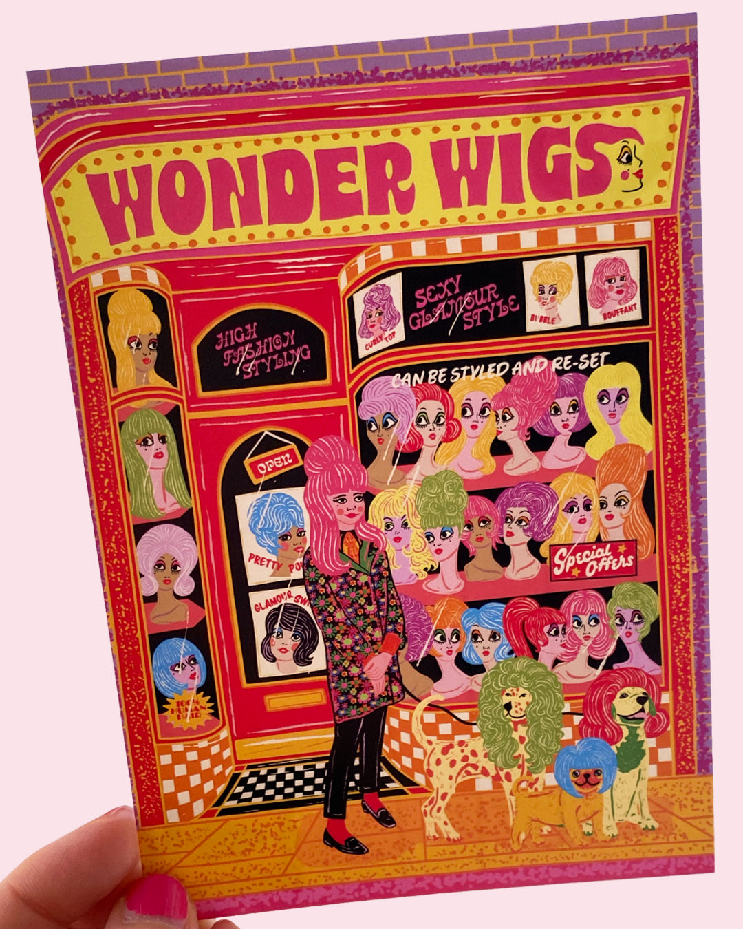 Wonder Wigs Postcard - Retro Wig Shop Postcard - Vintage Shop Postcard